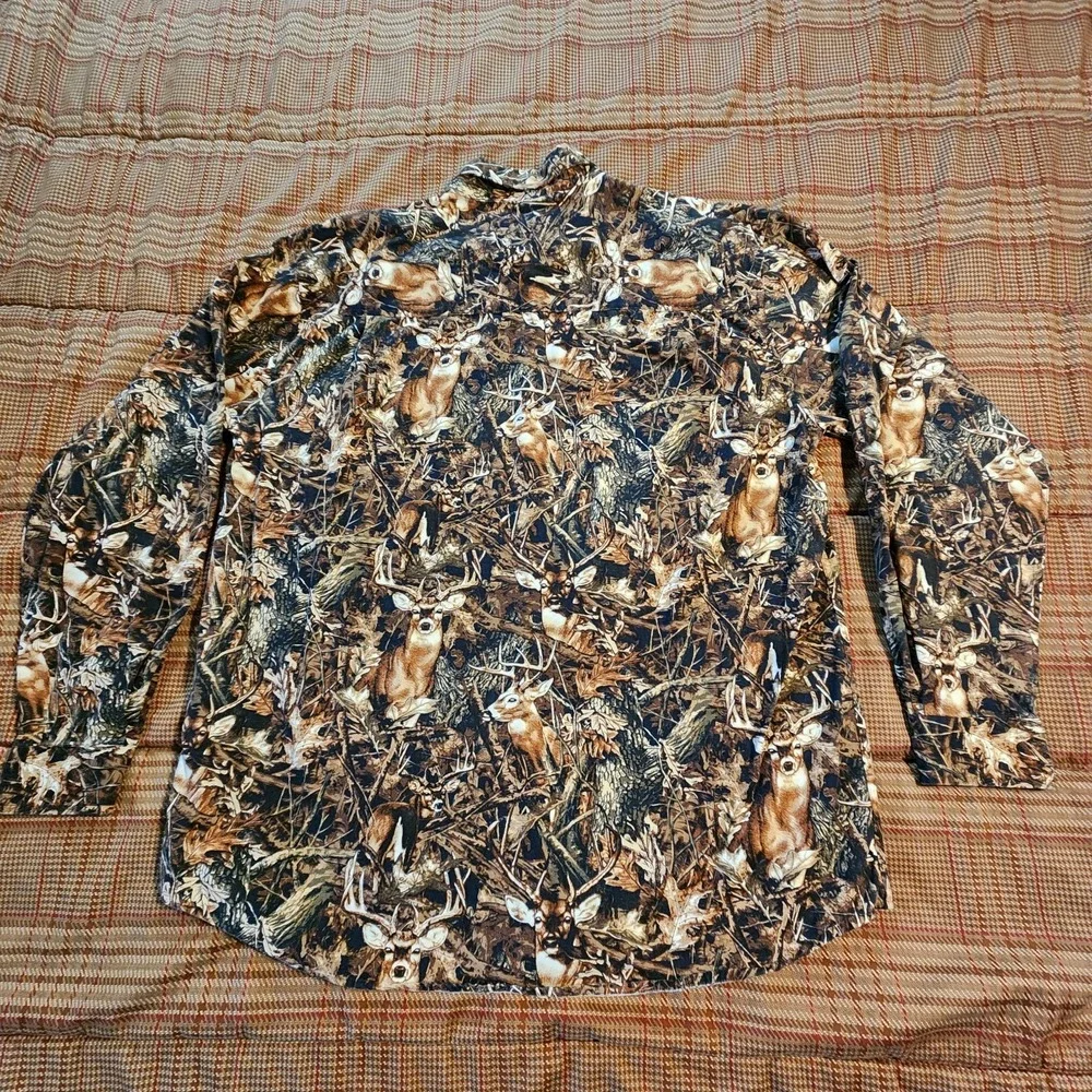 VTG Morgan Creek Brown Hunter‎ Camo Button Down Mens Sz L Elbow Shoulder Patches